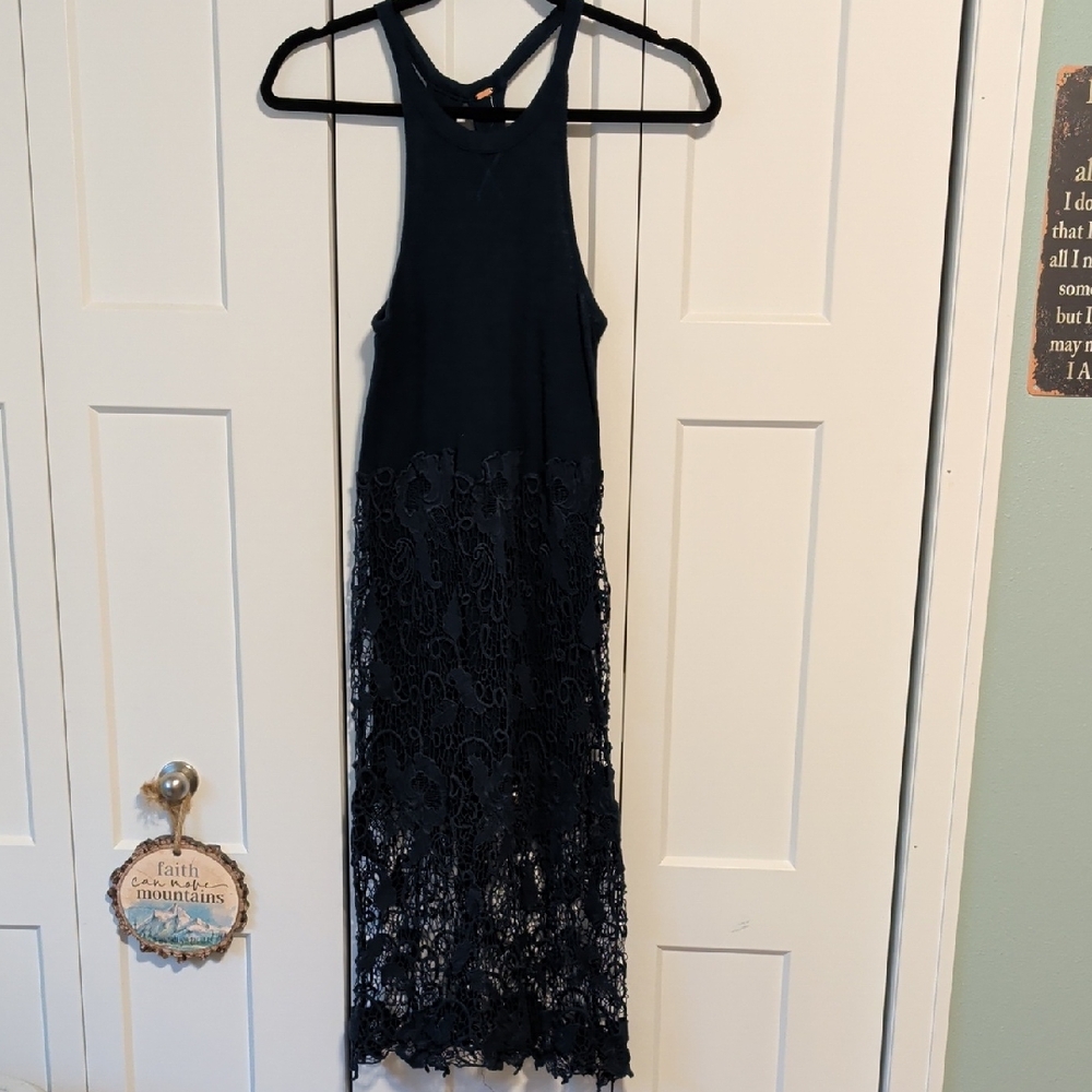 Free People Navy Blue  Lace Overlay Dress